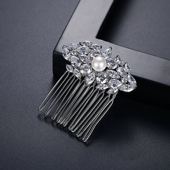 Women's Antique Copper Floral Zircon Bridal Hair Comb With Pearl Accent Elegant Side Hair Accessory