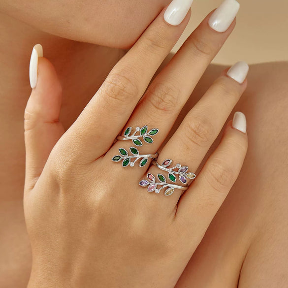 Women's Antique Fashion Open Ring Copper Material Zirconia Treatment With Emerald Branches Leaf Design