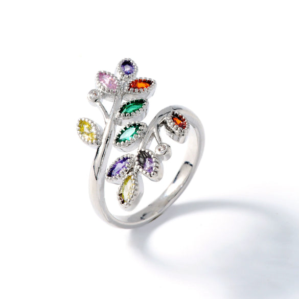 Women's Antique Fashion Open Ring Copper Material Zirconia Treatment With Emerald Branches Leaf Design