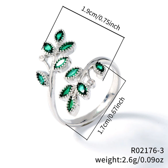 Women's Antique Fashion Open Ring Copper Material Zirconia Treatment With Emerald Branches Leaf Design