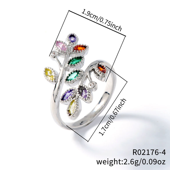 Women's Antique Fashion Open Ring Copper Material Zirconia Treatment With Emerald Branches Leaf Design