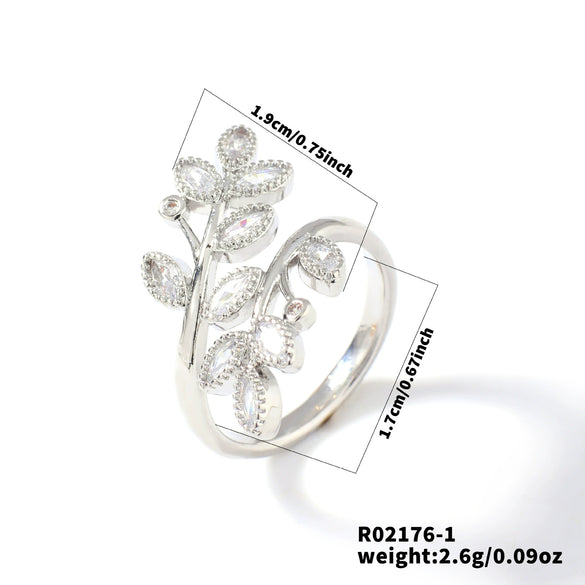 Women's Antique Fashion Open Ring Copper Material Zirconia Treatment With Emerald Branches Leaf Design