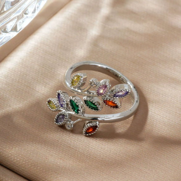 Women's Antique Fashion Open Ring Copper Material Zirconia Treatment With Emerald Branches Leaf Design