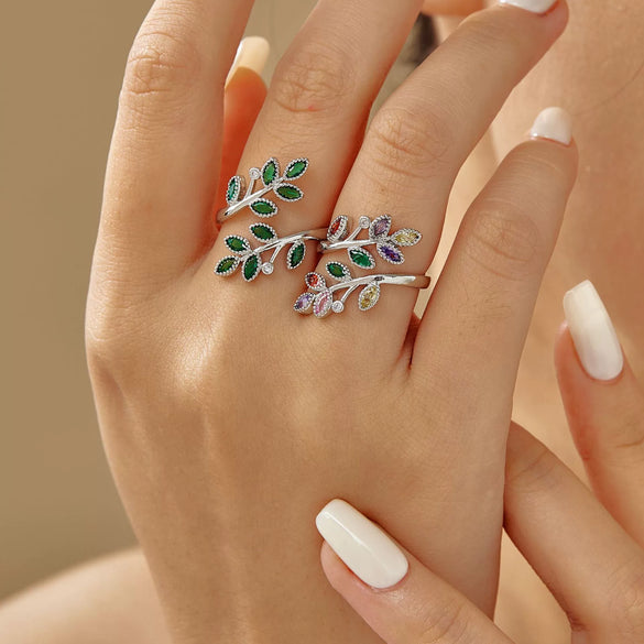 Women's Antique Fashion Open Ring Copper Material Zirconia Treatment With Emerald Branches Leaf Design