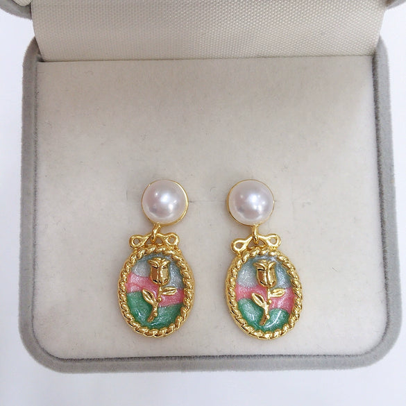 Women's Antique Style Retro Natural Freshwater Pearl Earrings With 18K Goldfilled Silver Needle