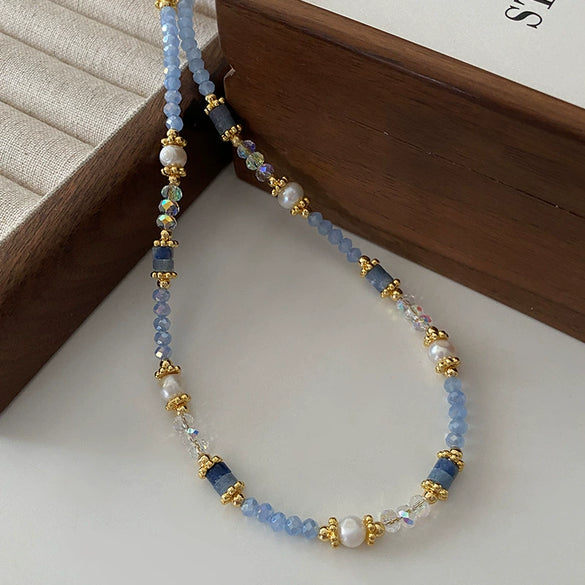 Women's Aquamarine Freshwater Pearl Handmade Beaded Woolen Necklace For Autumn And Winter