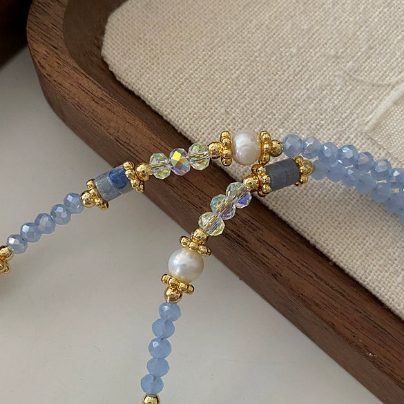 Women's Aquamarine Freshwater Pearl Handmade Beaded Woolen Necklace For Autumn And Winter