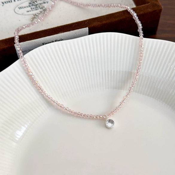 Women's Artificial Crystal Beaded Geometric Love Necklace With Polished Ball Chain