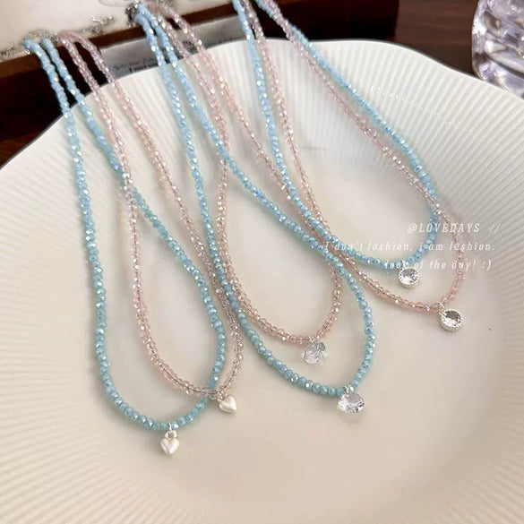 Women's Artificial Crystal Beaded Geometric Love Necklace With Polished Ball Chain