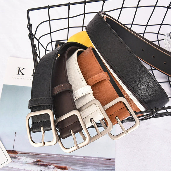 Women's Artificial Leather Belt With Large Square Buckle And Decorative Stitching Simple Fashionable All Match Accessory