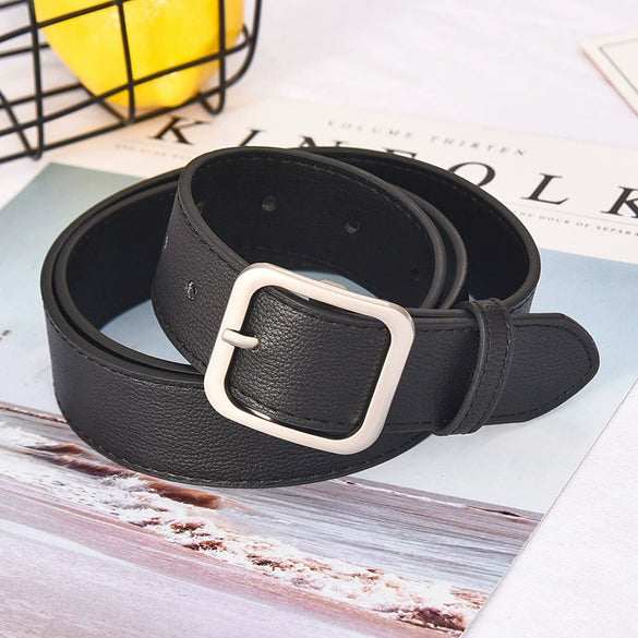 Women's Artificial Leather Belt With Large Square Buckle And Decorative Stitching Simple Fashionable All Match Accessory