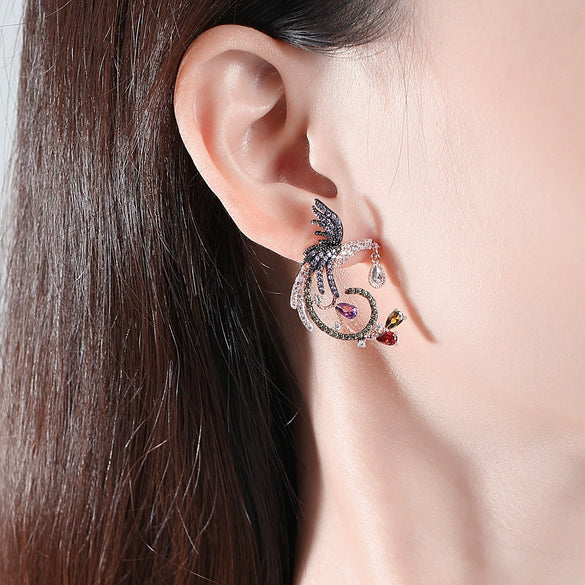 Women's Asymmetric Phoenix Earrings In Electroplated Copper With Colorful Zircon Geometric Animal Design