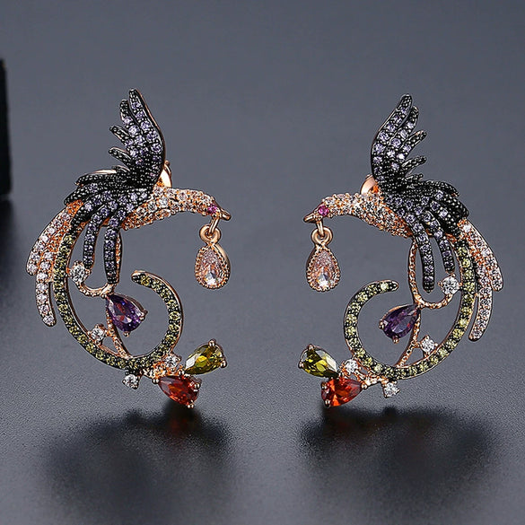 Women's Asymmetric Phoenix Earrings In Electroplated Copper With Colorful Zircon Geometric Animal Design