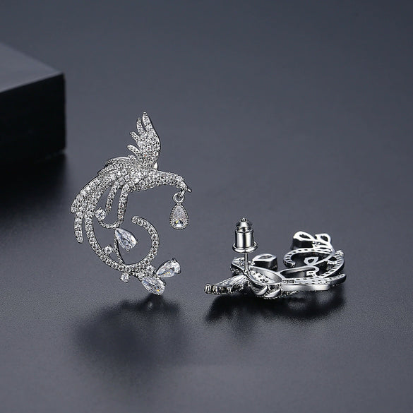 Women's Asymmetric Phoenix Earrings In Electroplated Copper With Colorful Zircon Geometric Animal Design
