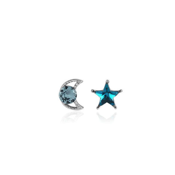 Women's Asymmetric Star And Moon Earrings In Sterling Silver With Blue Zircon And Diamond Accents