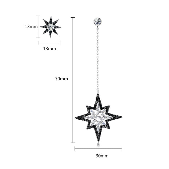 Women's Asymmetric Star Earrings With Black And White Zircon Accents Electroplated Copper Fashion Jewelry