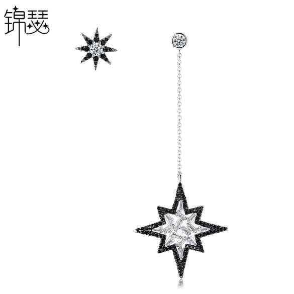 Women's Asymmetric Star Earrings With Black And White Zircon Accents Electroplated Copper Fashion Jewelry