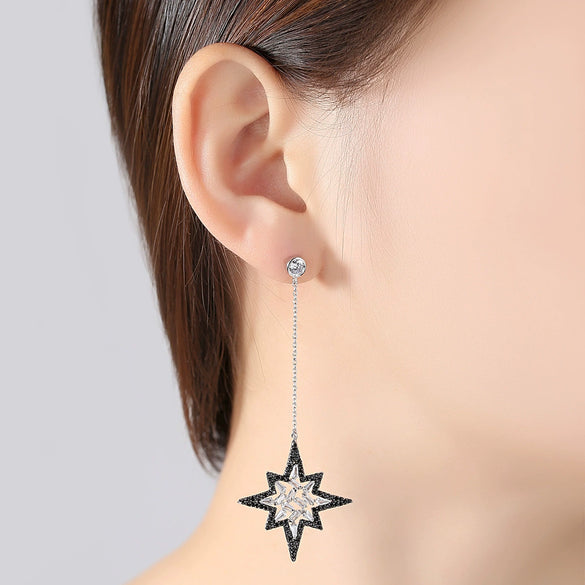 Women's Asymmetric Star Earrings With Black And White Zircon Accents Electroplated Copper Fashion Jewelry