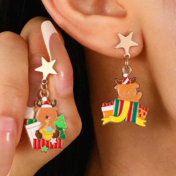 Women's Asymmetrical Alloy Christmas Tree And Elk Earrings With Dripping Oil Cartoon Design