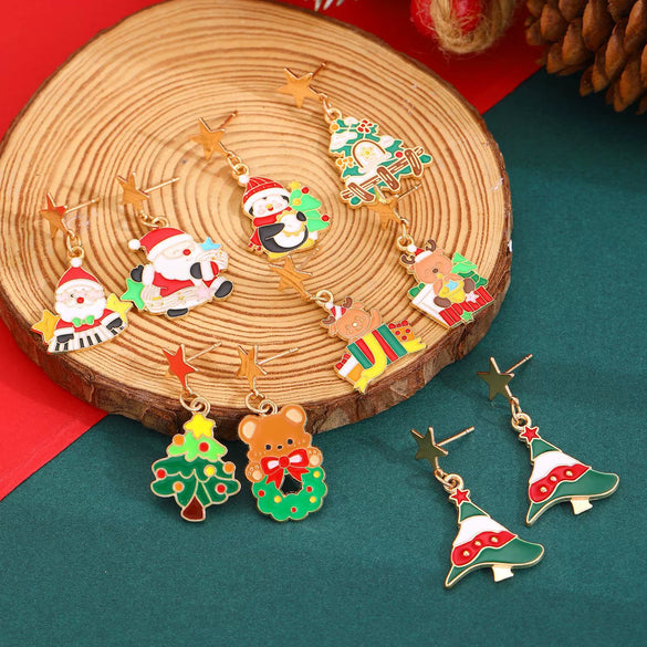 Women's Asymmetrical Alloy Christmas Tree And Elk Earrings With Dripping Oil Cartoon Design