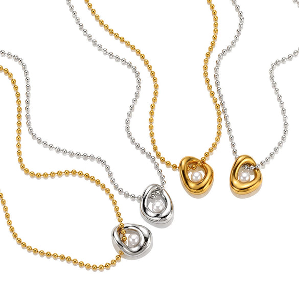 Women's Asymmetrical Geometric Pearlstudded Stainless Steel Necklace With Electroplated Finish Understated And Versatile Regular Chain Jewelry