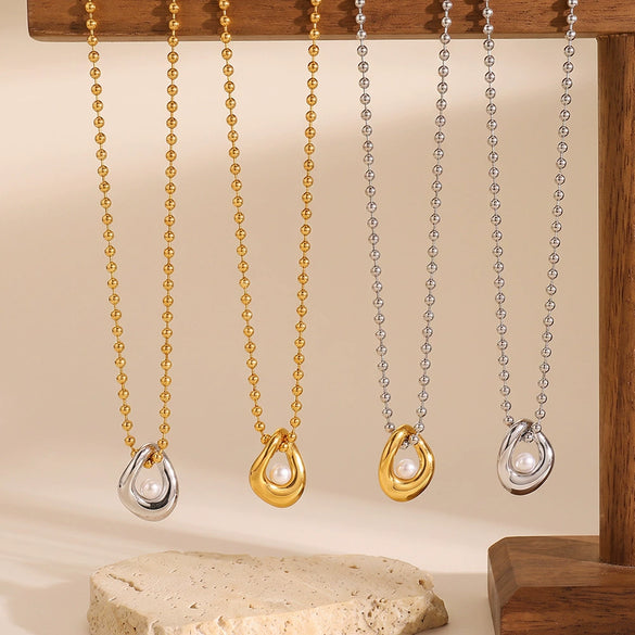 Women's Asymmetrical Geometric Pearlstudded Stainless Steel Necklace With Electroplated Finish Understated And Versatile Regular Chain Jewelry
