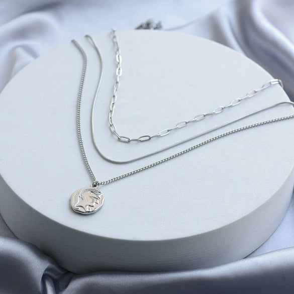Women's Asymmetrical Geometric Relief Portrait Knight Layered Necklace With Cast Stainless Steel Pendant And Snake Bone Chain