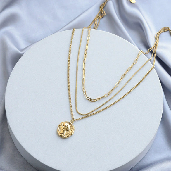 Women's Asymmetrical Geometric Relief Portrait Knight Layered Necklace With Cast Stainless Steel Pendant And Snake Bone Chain