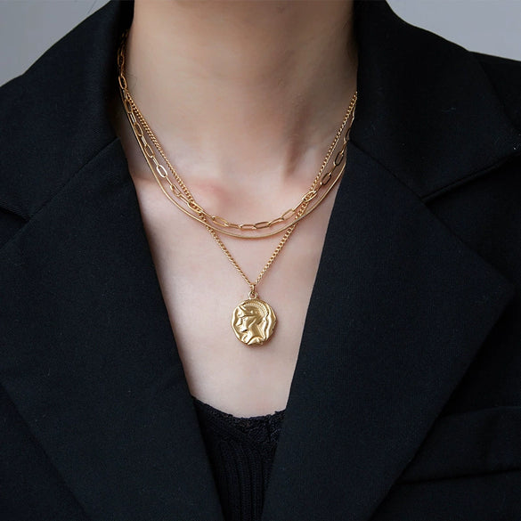 Women's Asymmetrical Geometric Relief Portrait Knight Layered Necklace With Cast Stainless Steel Pendant And Snake Bone Chain