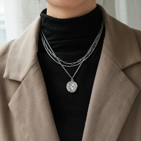 Women's Asymmetrical Geometric Relief Portrait Knight Layered Necklace With Cast Stainless Steel Pendant And Snake Bone Chain