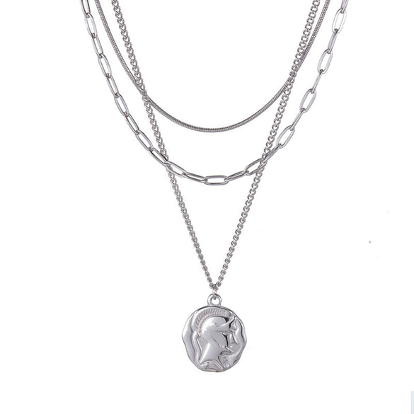 Women's Asymmetrical Geometric Relief Portrait Knight Layered Necklace With Cast Stainless Steel Pendant And Snake Bone Chain