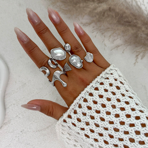 Women's Asymmetrical Metal Ring Alloy Geometric Internet Celebrity Style Electroplated Imitation Pearl Joint