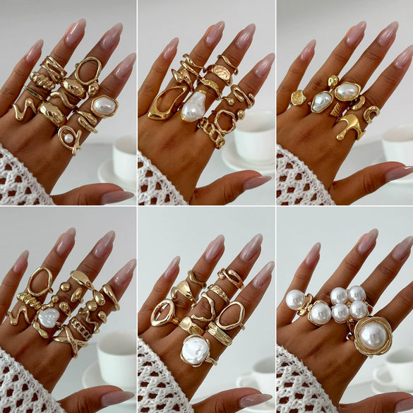 Women's Asymmetrical Metal Ring Alloy Geometric Internet Celebrity Style Electroplated Imitation Pearl Joint