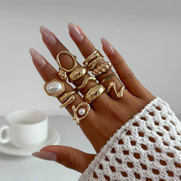 Women's Asymmetrical Metal Ring Alloy Geometric Internet Celebrity Style Electroplated Imitation Pearl Joint