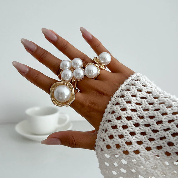 Women's Asymmetrical Metal Ring Alloy Geometric Internet Celebrity Style Electroplated Imitation Pearl Joint