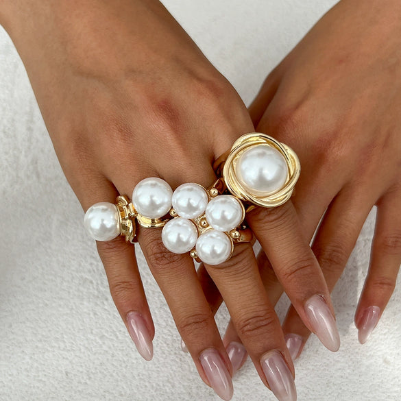 Women's Asymmetrical Metal Ring Alloy Geometric Internet Celebrity Style Electroplated Imitation Pearl Joint