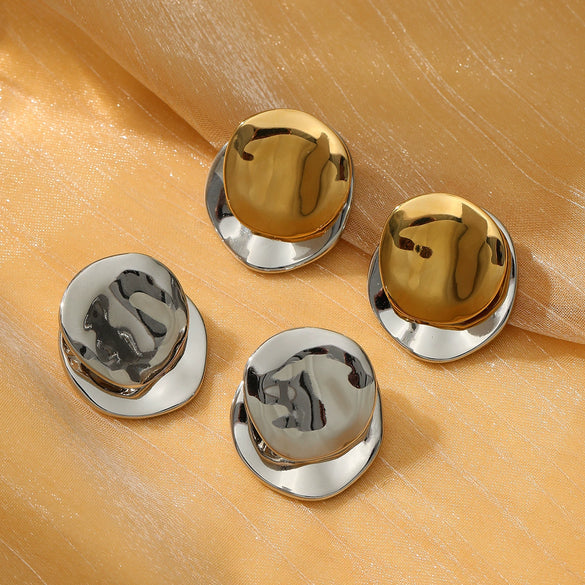 Women's Asymmetrical Round Titanium Steel And Stainless Steel Earrings With Gold And Silver Contrasting Color Geometric Style Electroplated