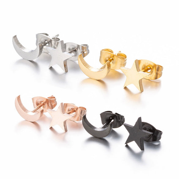 Women's Asymmetrical Star And Moon Geometric Ear Cuff Earrings Stainless Steel Electroplated Cute Fashion Jewelry