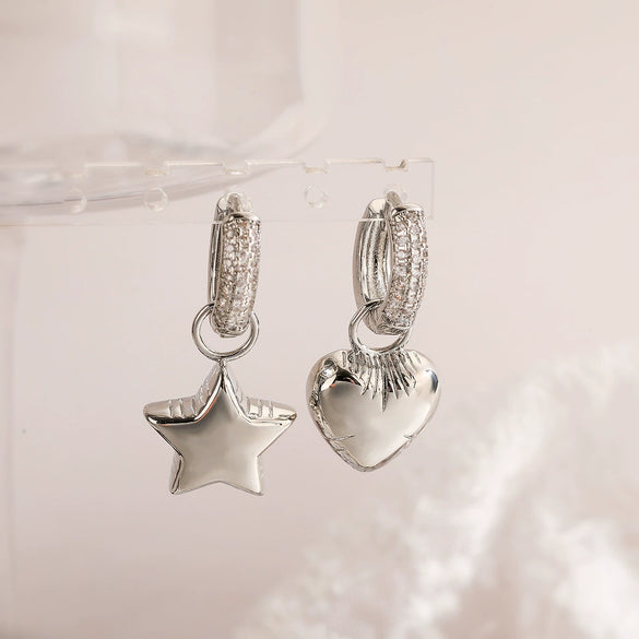 Women's Asymmetrical Star Moon Zircon Earrings Copper Geometric Style