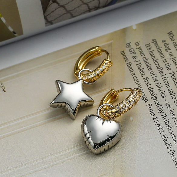 Women's Asymmetrical Star Moon Zircon Earrings Copper Geometric Style