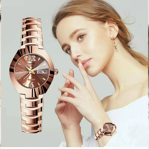 Women's Automatic Movement Waterproof Luminous Watch With Tungsten Steel Color Round Dial Steel Case And Fine Steel Strap