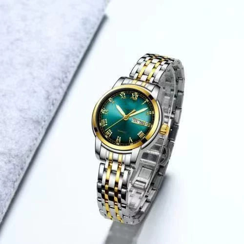 Women's Automatic Movement Waterproof Luminous Watch With Tungsten Steel Color Round Dial Steel Case And Fine Steel Strap