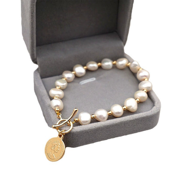 Women's Baroque Freshwater Pearl Geometric Style Bracelet With 18K Real Gold