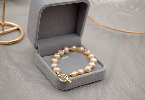 Women's Baroque Freshwater Pearl Geometric Style Bracelet With 18K Real Gold
