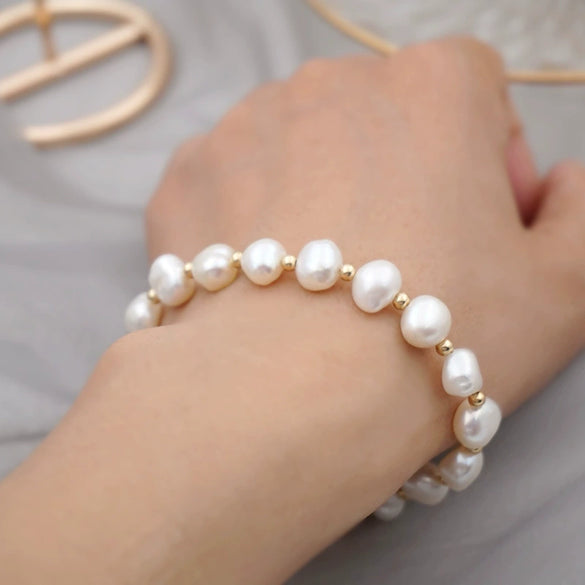 Women's Baroque Freshwater Pearl Geometric Style Bracelet With 18K Real Gold