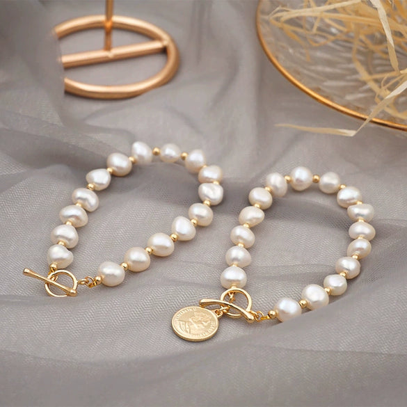 Women's Baroque Freshwater Pearl Geometric Style Bracelet With 18K Real Gold