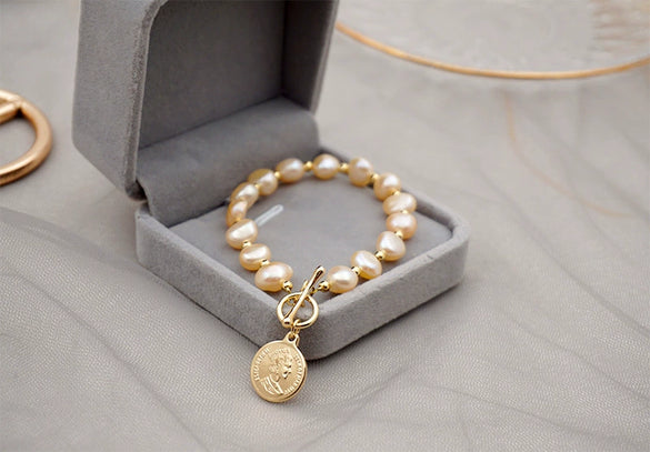 Women's Baroque Freshwater Pearl Geometric Style Bracelet With 18K Real Gold