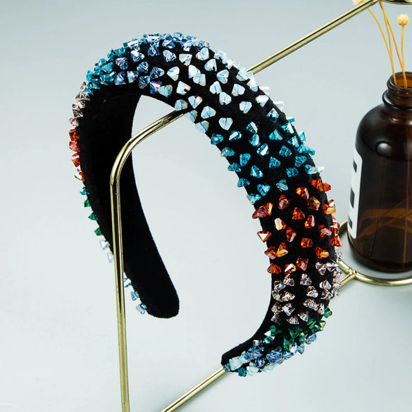 Women's Baroque Geometric Colorful Crystal And Sponge Headband With Handsewn Diamond Detail Thin Hair Accessory