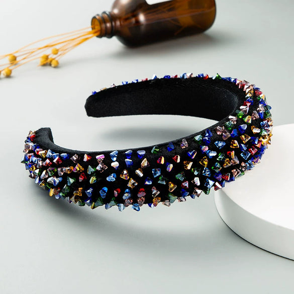 Women's Baroque Geometric Colorful Crystal And Sponge Headband With Handsewn Diamond Detail Thin Hair Accessory