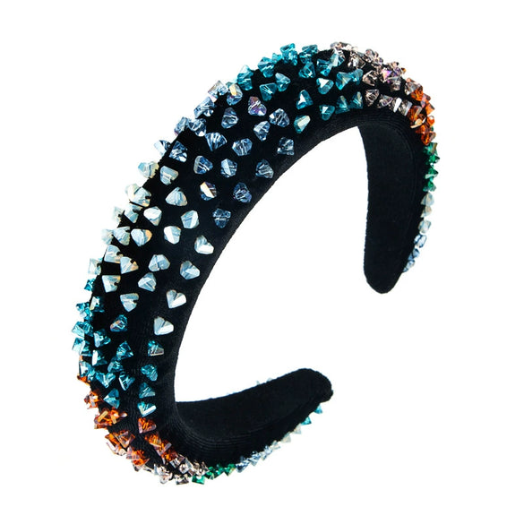 Women's Baroque Geometric Colorful Crystal And Sponge Headband With Handsewn Diamond Detail Thin Hair Accessory